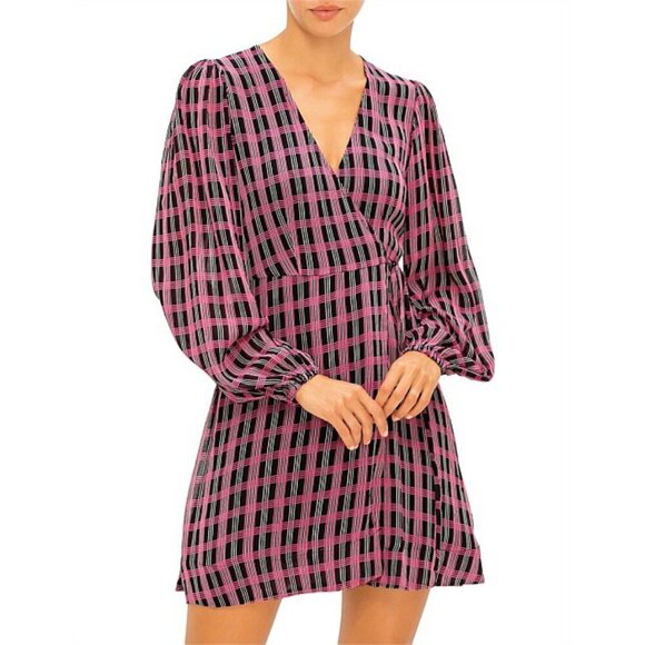 Ganni Georgette Check Print Wrap Dress - Picture 1 of 7